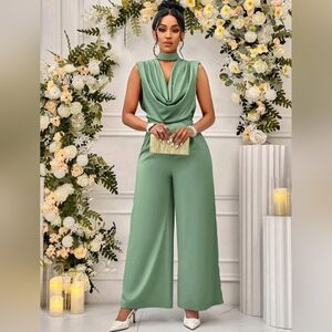 SHEIN Lady Women's Fashionable Summer Halter Neck Open Back Solid Wide Leg Sz M